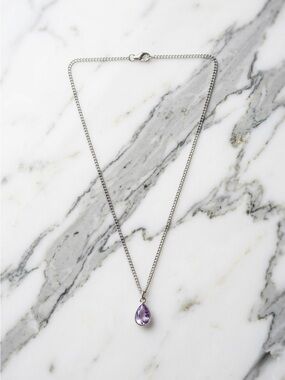 Silver Chain Necklace with Purple Teardrop Pendant